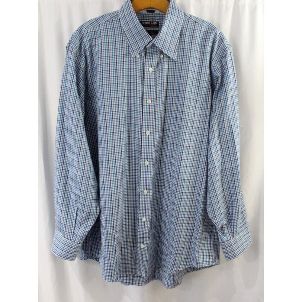Kirkland Mens Blue White Check Long Sleeve Cotton‎ Button Down Shirt XL
